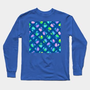 Window Pane Diagonal Floral Black Line on Blue Long Sleeve T-Shirt